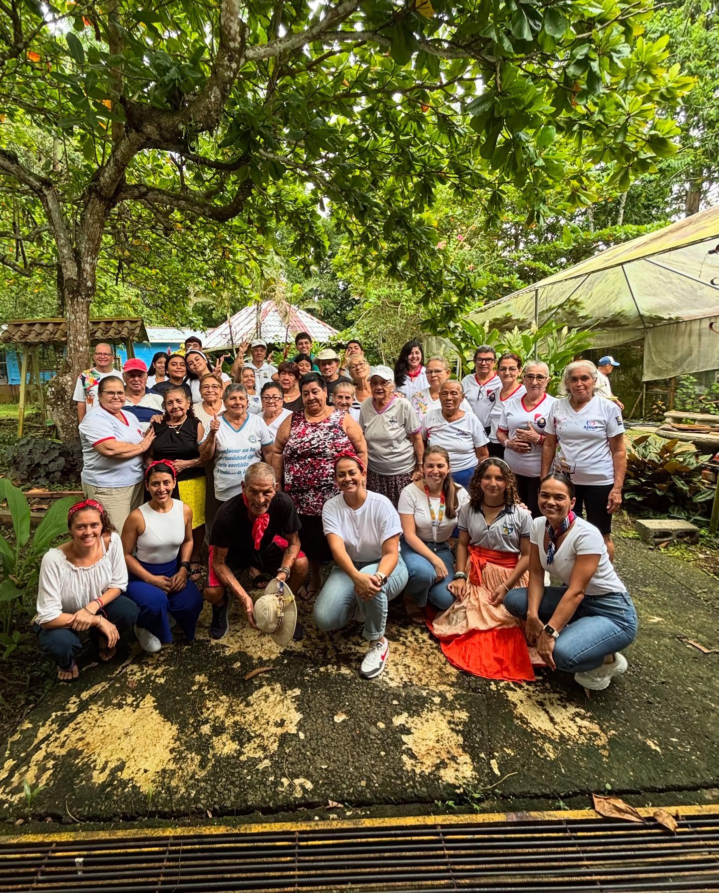 Grupo de personas viendo al frente, bajo un árbol
