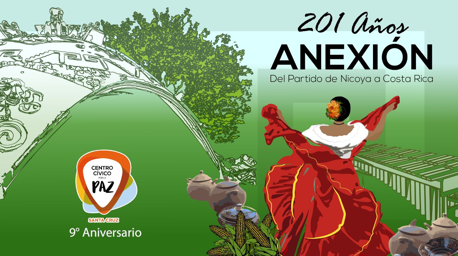 Afiche con logo del CCP Santa Cruz y una caricatura con una mujer bailando con su enagua tipica.