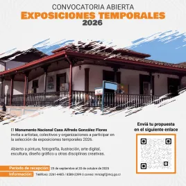 Afiche de Convocatoria de exposiciones 2026 con fondo de una casa antigua.