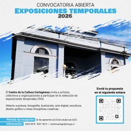 Afiche de Convocatoria de exposiciones 2026 con fondo de un edificio antiguo