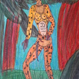 un dibujo de un humanoide con aspecto de jaguar en un bosque